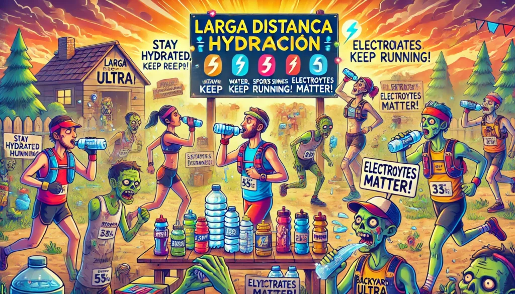 Corredores hombres y mujeres, vestidos con ropa deportiva colorida, beben agua, bebidas deportivas y usan mochilas de hidratación mientras avanzan en un circuito de Backyard Ultra. Zombis caricaturescos también participan, cargando botellas de agua gigantes y sosteniendo carteles como "Stay Hydrated, Keep Running!" y "Electrolytes Matter!". Un tablero central destaca el título "Larga Distancia Hidratación" con íconos de ingesta de líquidos, equilibrio de electrolitos y resistencia. El escenario, con un tramo de carrera exigente, estaciones de hidratación y un ambiente motivador, fusiona la importancia de la hidratación en el running con un divertido estilo de supervivencia zombi, ideal para BackyardUltraZombies.com.